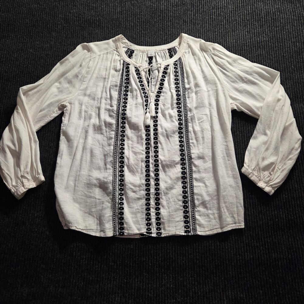 Boho Western Flowy Long Sleeve Top Cotton Blend White Black Embroidery Small